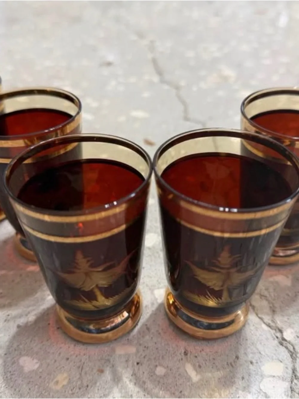 1950’s Bohemian Amber Glass & Gold Decanter  & Cordial Cups Set